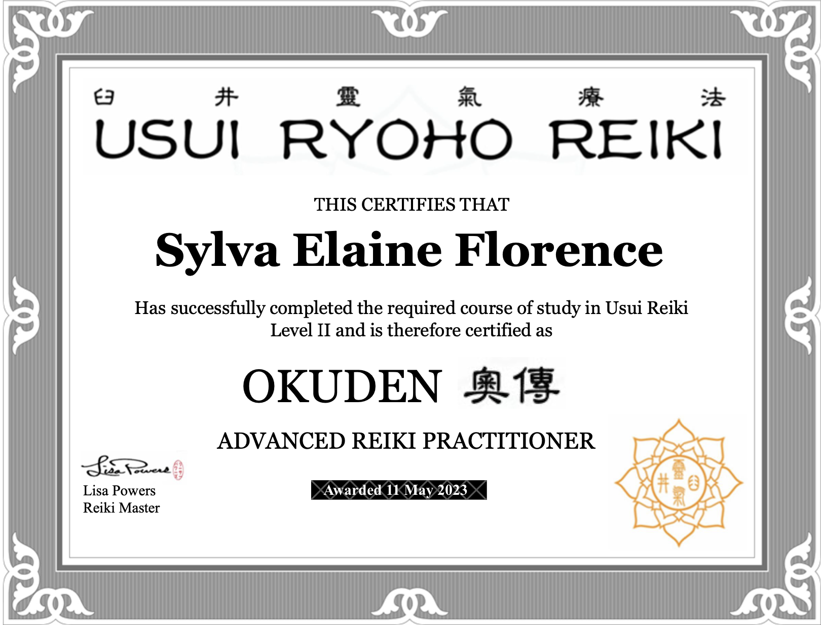 Reiki advanced practitioner certificate 2